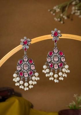 Silver Plated Artificial Stones Studded And Beaded Oxidised Drop Earrings