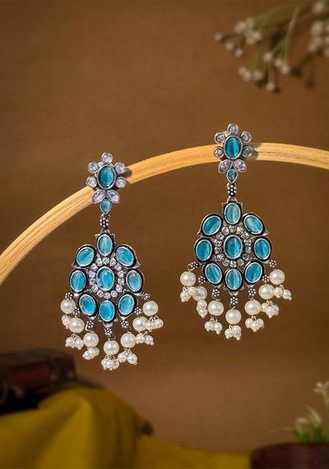 Silver Plated Artificial Stones Studded And Beaded Oxidised Drop Earrings