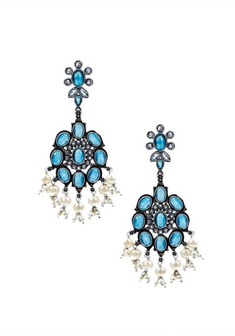 Silver Plated Artificial Stones Studded And Beaded Oxidised Drop Earrings