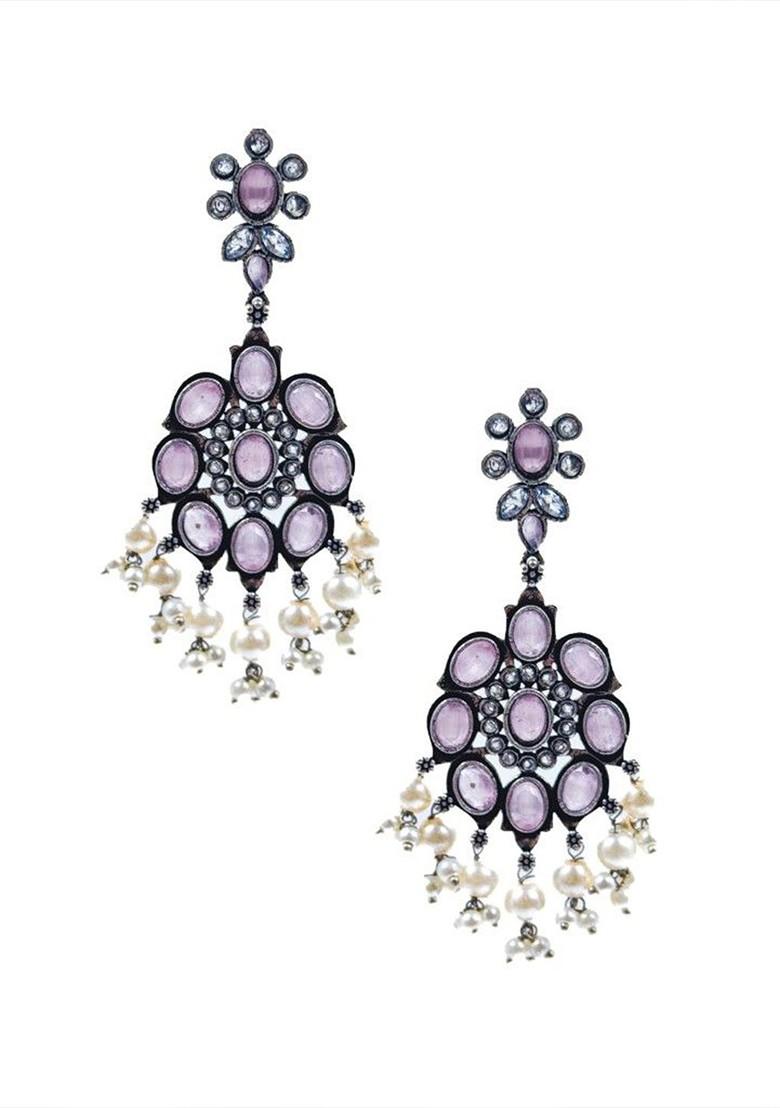 Silver Plated Artificial Stones And Beads Oxidised Contemporary Drop Earrings