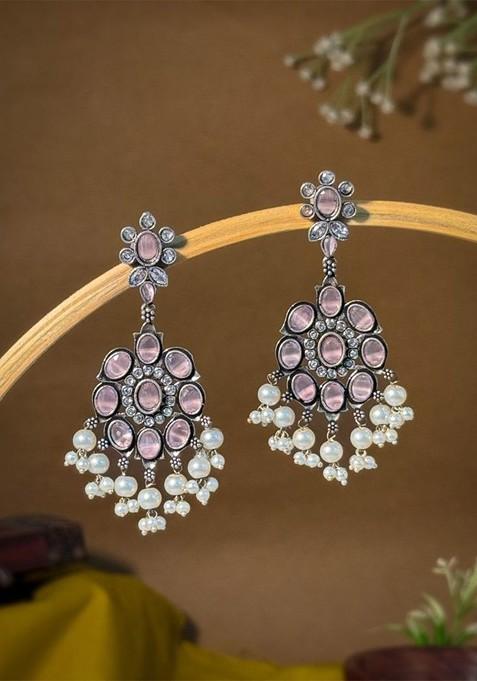 Silver Plated Artificial Stones And Beads Oxidised Contemporary Drop Earrings