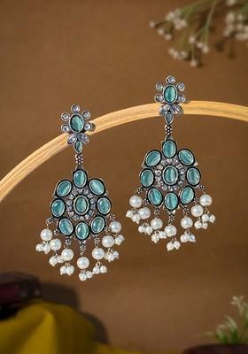 Silver Plated Artificial Stones And Beads Oxidised Contemporary Drop Earrings