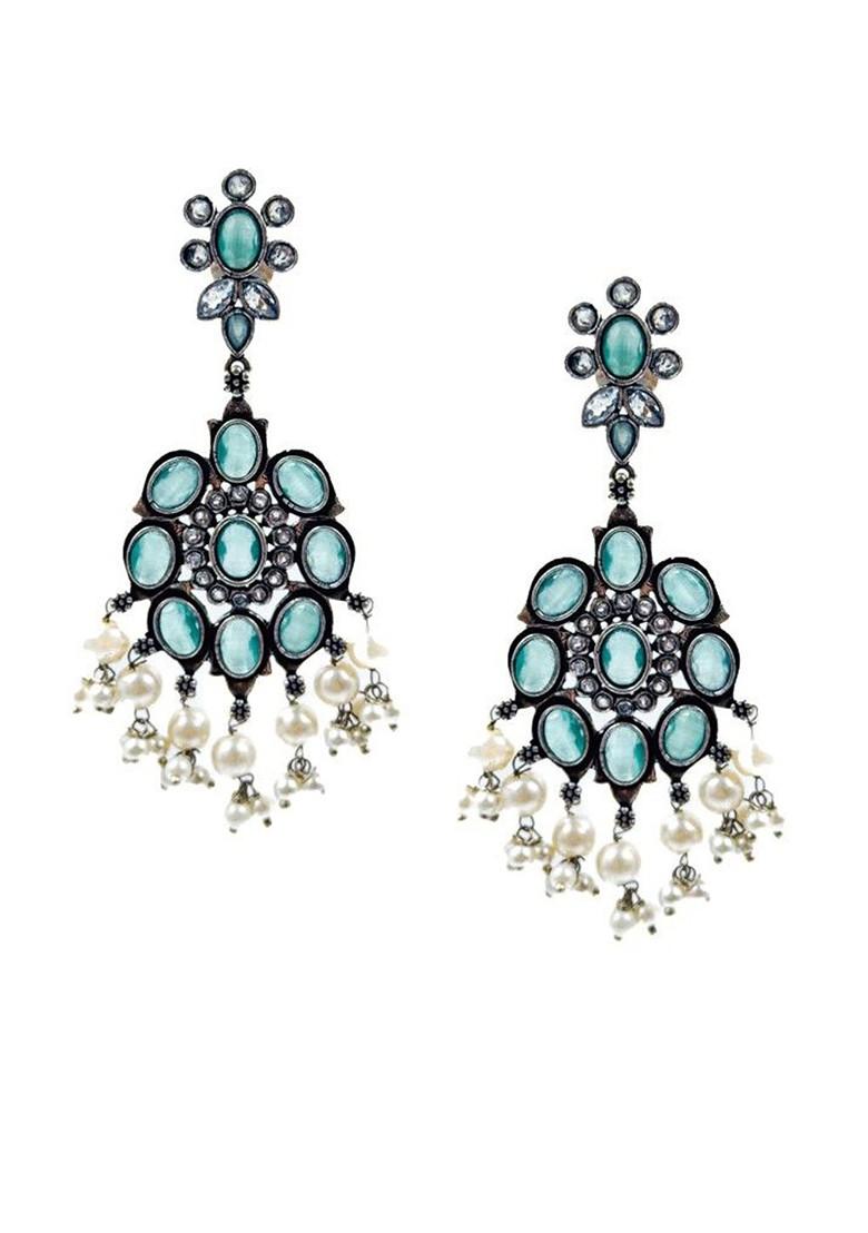 Silver Plated Artificial Stones And Beads Oxidised Contemporary Drop Earrings