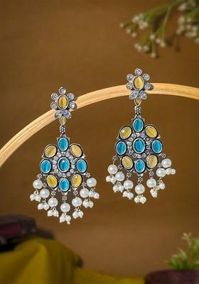 Silver Plated Artificial Stones And Beads Oxidised Contemporary Drop Earrings