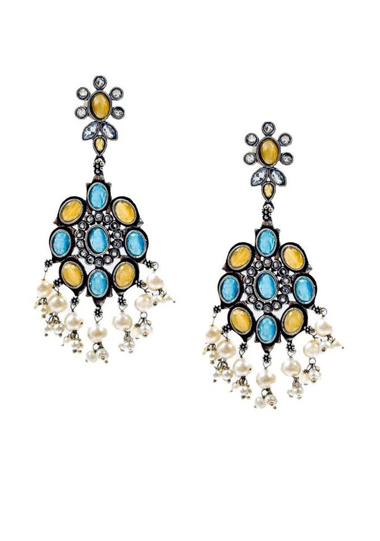 Silver Plated Artificial Stones And Beads Oxidised Contemporary Drop Earrings