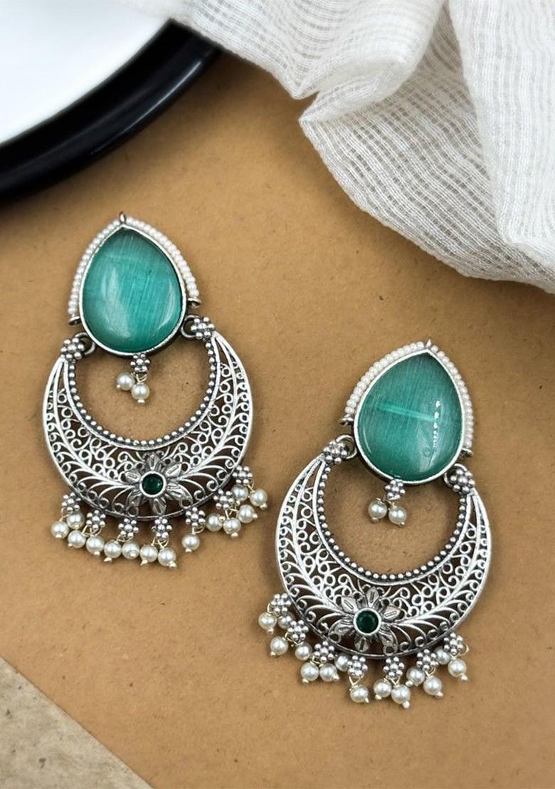 Silver Plated Artificial Stones Studded And Beaded Oxidised Chandbalis