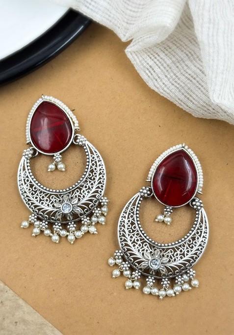 Silver Plated Artificial Stones And Beads Oxidised Crescent Shaped Chandbalis
