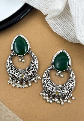 Silver Plated Artificial Stones And Beads Oxidised Crescent Shaped Chandbalis