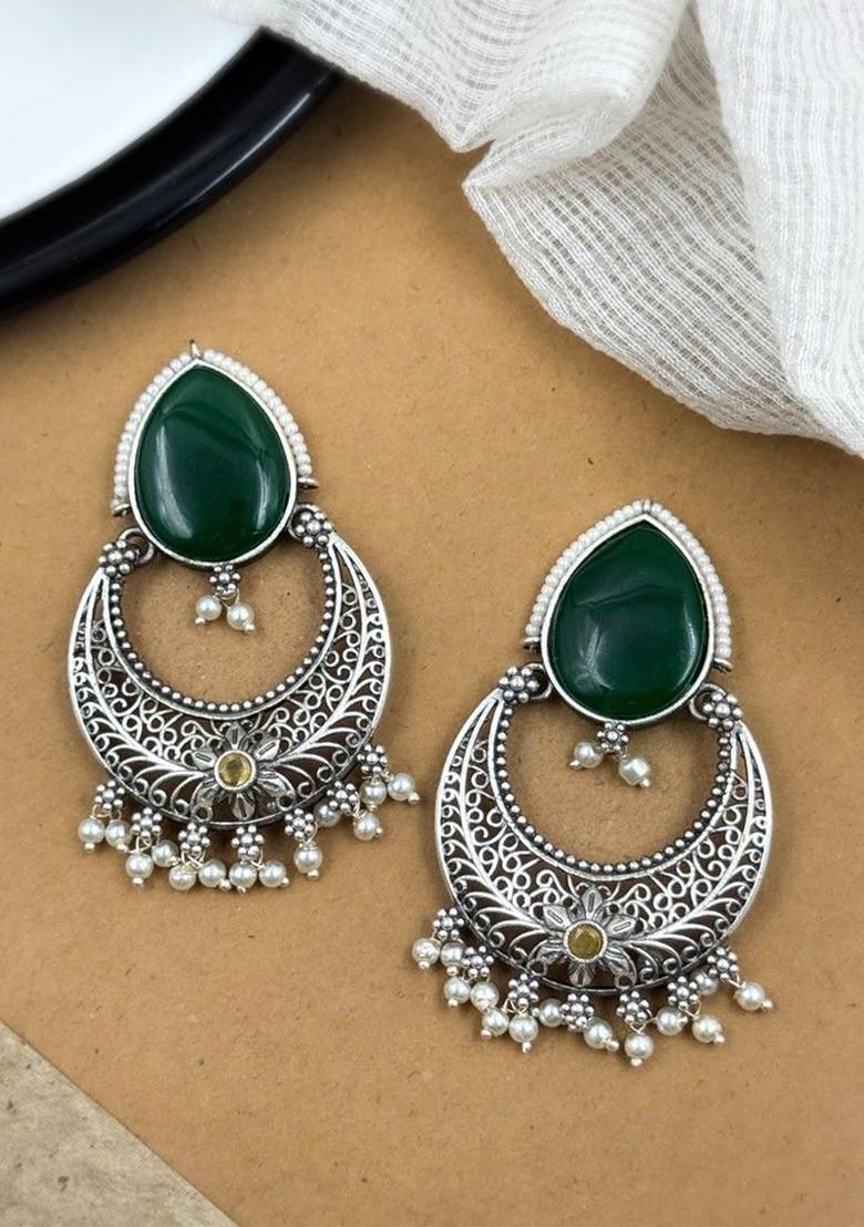 Silver Plated Artificial Stones And Beads Oxidised Crescent Shaped Chandbalis