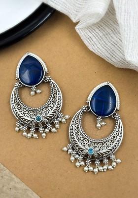 Silver Plated Artificial Stones Studded And Beaded Oxidised Chandbalis