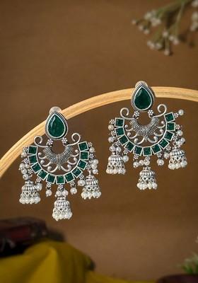 Silver Plated Artificial Stones Studded And Beaded Oxidised Drop Earrings
