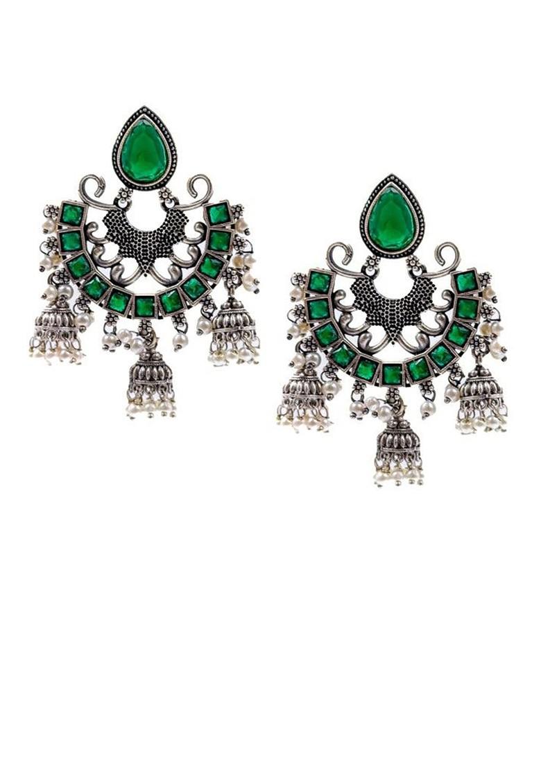 Silver Plated Artificial Stones Studded And Beaded Oxidised Drop Earrings
