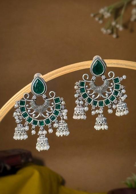 Silver Plated Artificial Stones Studded And Beaded Oxidised Drop Earrings