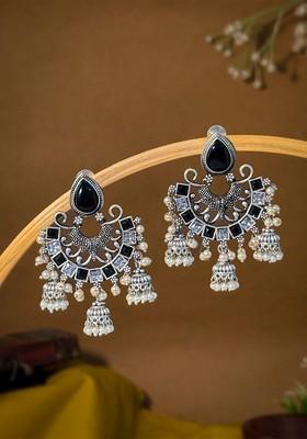 Silver Plated Artificial Stones And Beads Contemporary Jhumkas