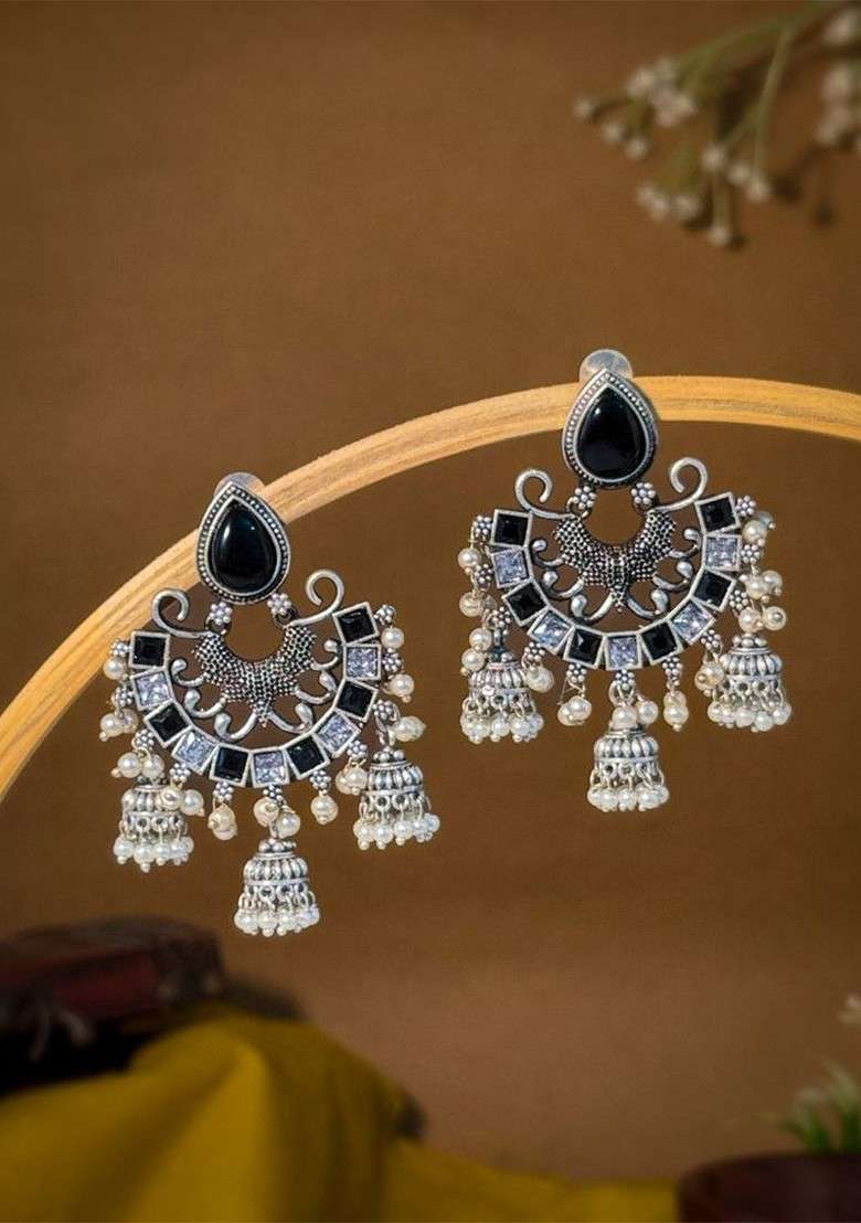 Silver Plated Artificial Stones And Beads Contemporary Jhumkas - Indya