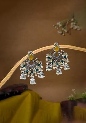 Silver Plated Artificial Stones Studded And Beaded Dome Shaped Oxidised Jhumkas