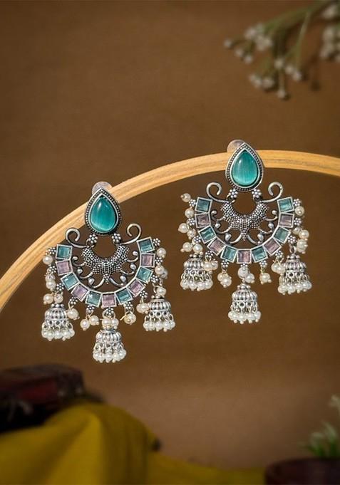 Silver Plated Artificial Stones And Beads Oxidised Contemporary Drop Earrings