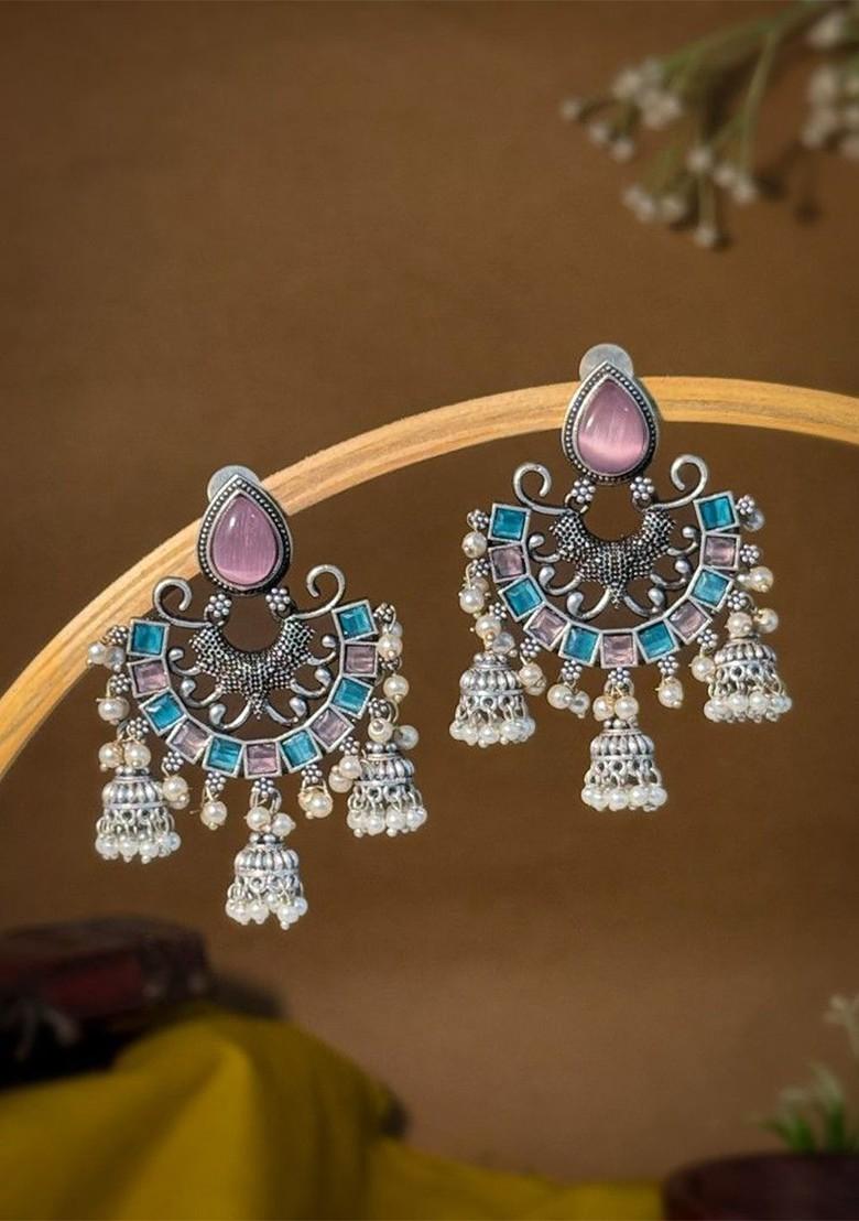 Silver Plated Artificial Stones Studded And Beaded Oxidised Jhumkas