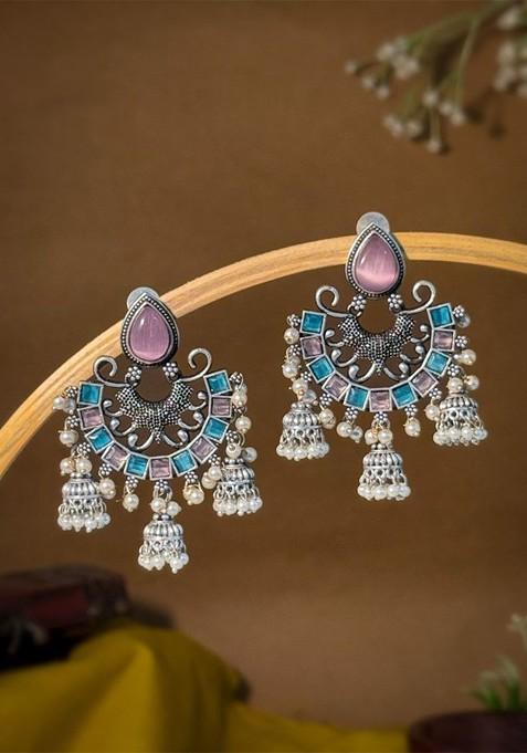 Silver Plated Artificial Stones Studded And Beaded Oxidised Jhumkas