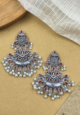 Silver Plated Artificial Stones Studded And Beaded Contemporary Drop Earrings
