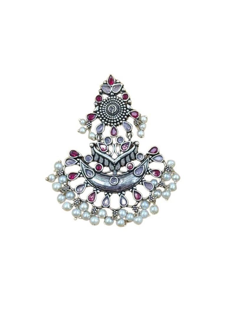 Silver Plated Artificial Stones Studded And Beaded Contemporary Drop Earrings