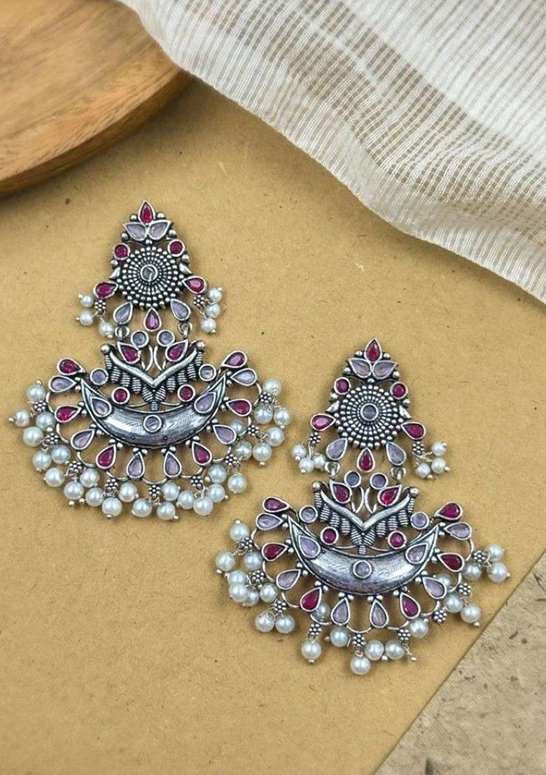 Silver Plated Artificial Stones Studded And Beaded Contemporary Drop Earrings - Indya