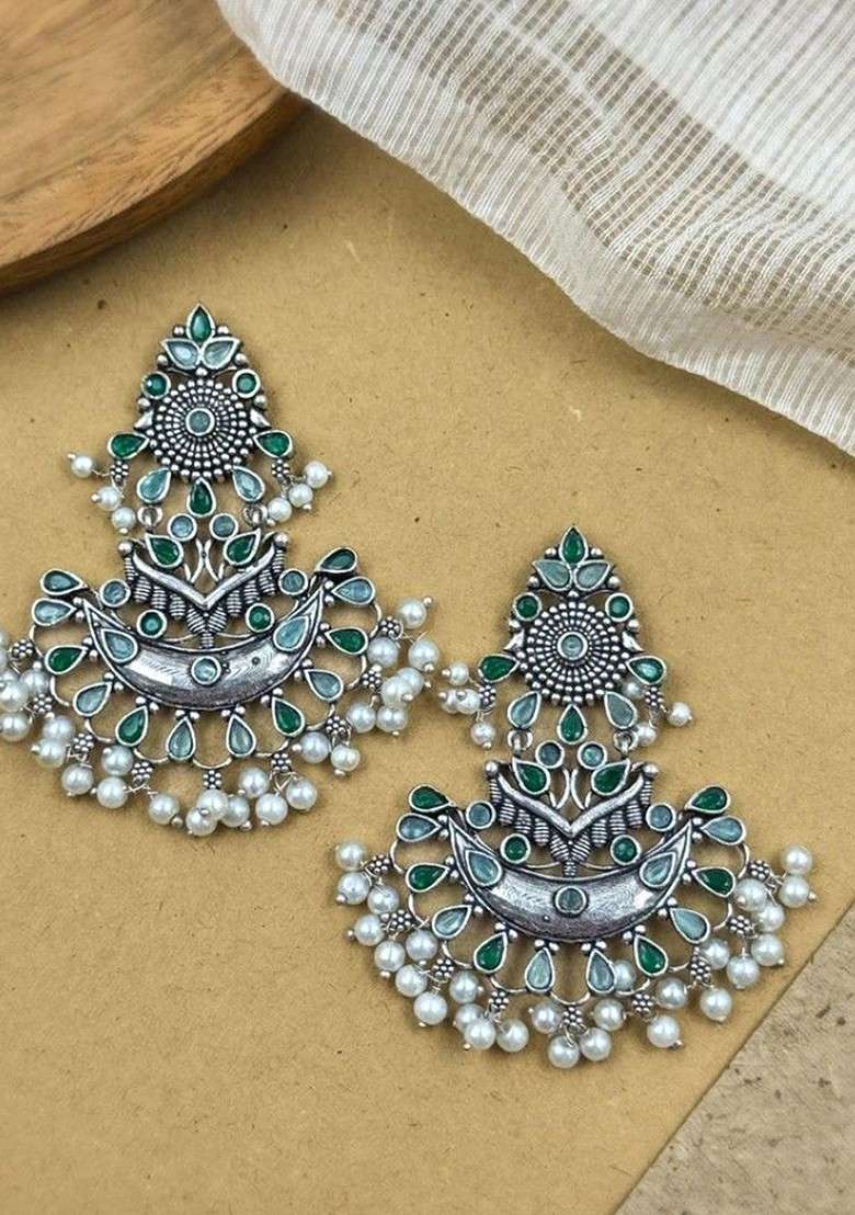 Silver Plated Stones Studded And Beaded Floral Shaped Oxidised Chandbalis - Indya