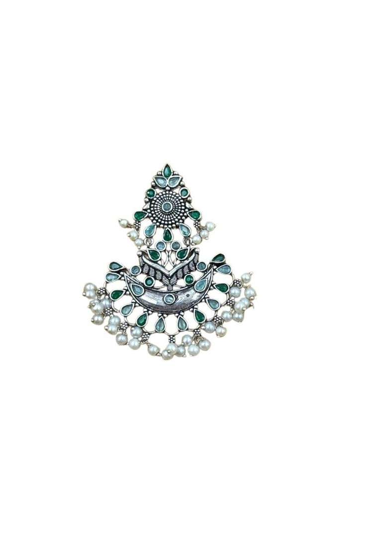 Silver Plated Stones Studded And Beaded Floral Shaped Oxidised Chandbalis - Indya