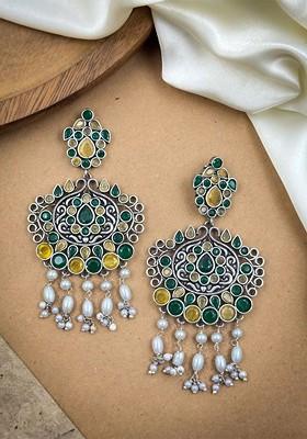 Silver Plated Artificial Stones And Beads Oxidised Contemporary Drop Earrings