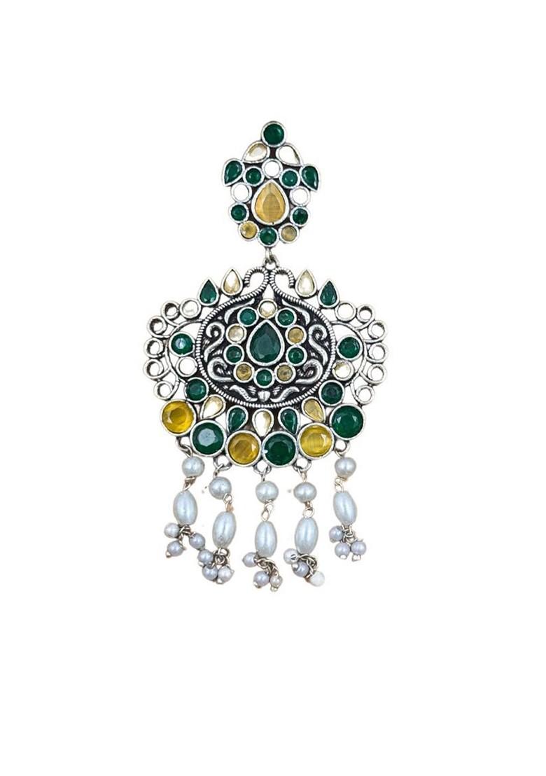 Silver Plated Artificial Stones And Beads Oxidised Contemporary Drop Earrings