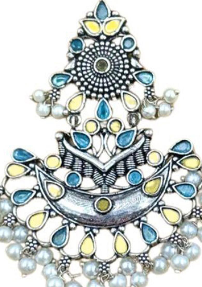 Silver Plated Stones Studded And Beaded Floral Shaped Oxidised Chandbalis