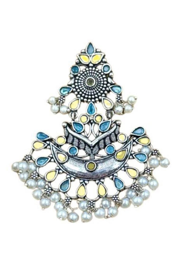 Silver Plated Stones Studded And Beaded Floral Shaped Oxidised Chandbalis