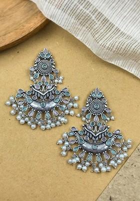 Silver Plated Stones Studded And Beaded Floral Shaped Oxidised Chandbalis