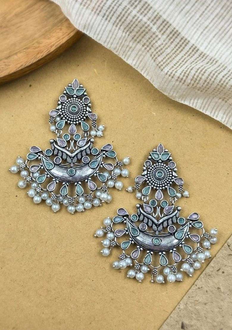 Silver Plated Stones Studded And Beaded Floral Shaped Oxidised Chandbalis - Indya