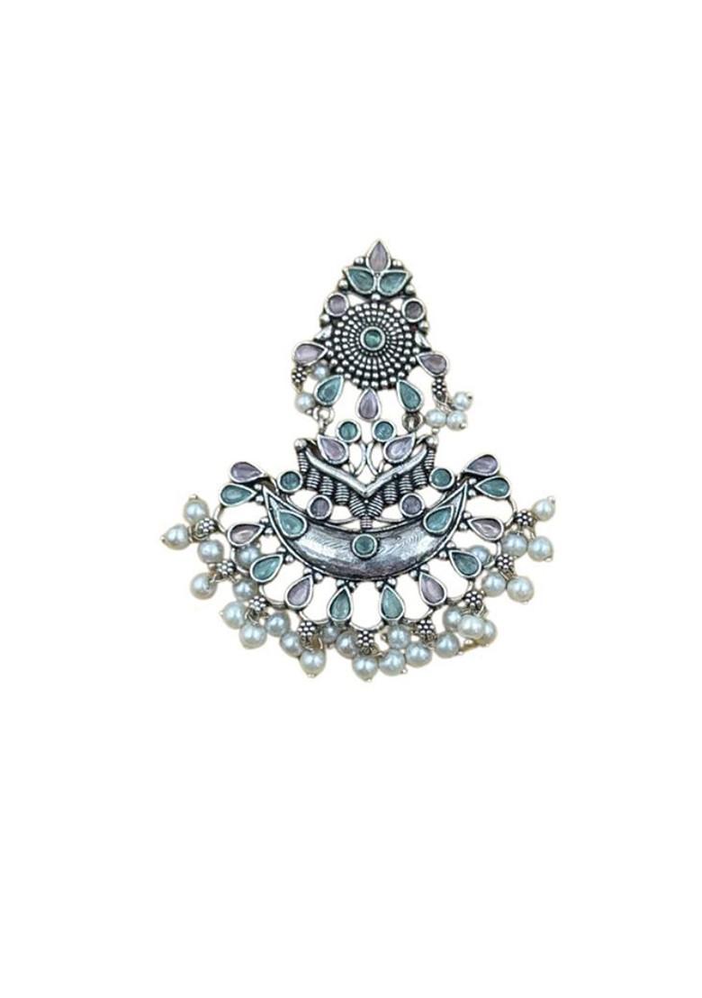 Silver Plated Stones Studded And Beaded Floral Shaped Oxidised Chandbalis