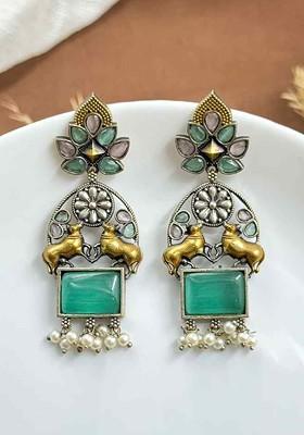 Silver Plated Stones Studded And Beaded Oxidised Contemporary Drop Earrings