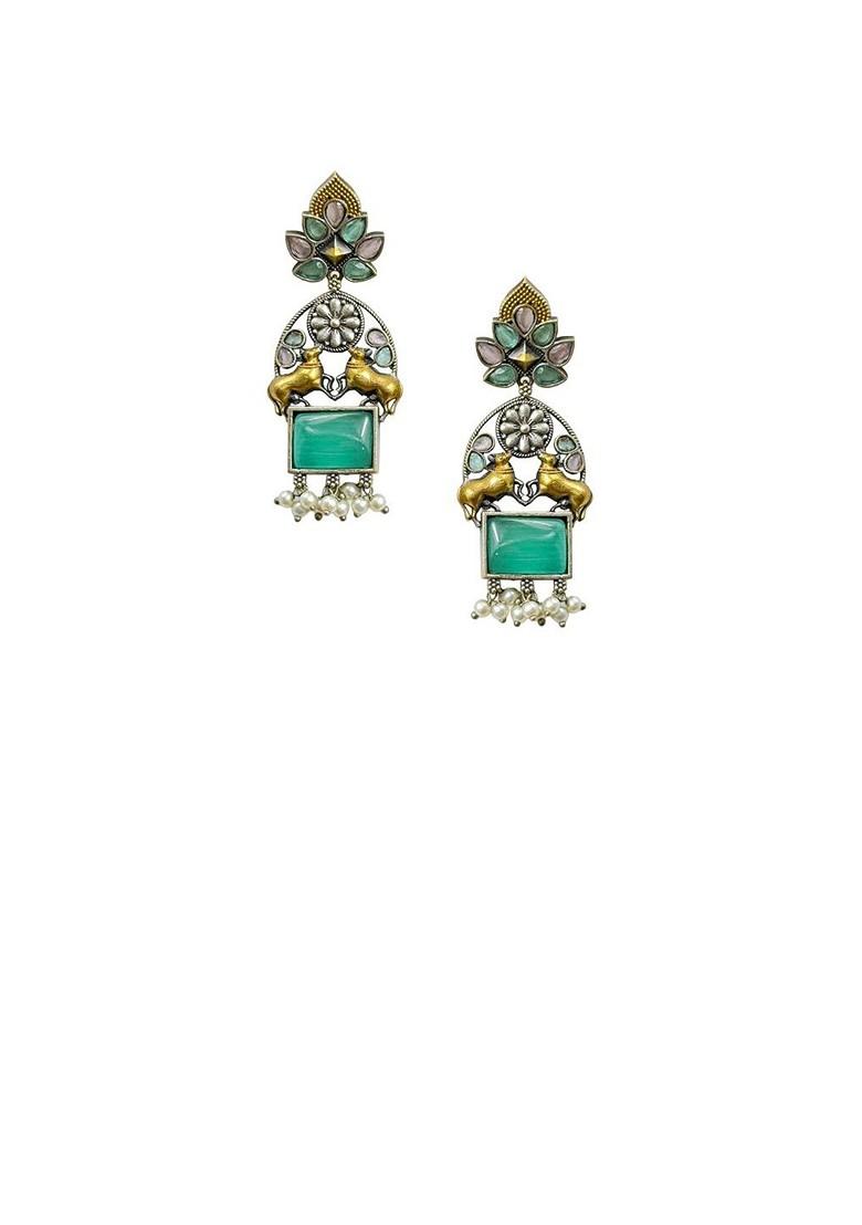 Silver Plated Stones Studded And Beaded Oxidised Contemporary Drop Earrings