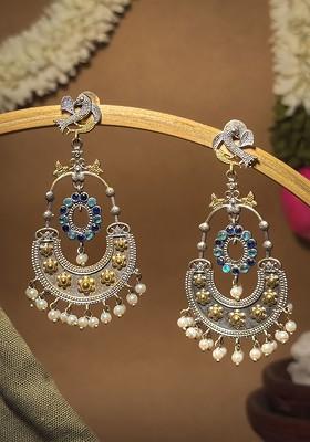 Silver Plated Oxidised Stones Studded And Beaded Contemporary Drop Earrings