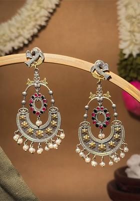 Silver Plated Oxidised Stones Studded And Beaded Contemporary Drop Earrings