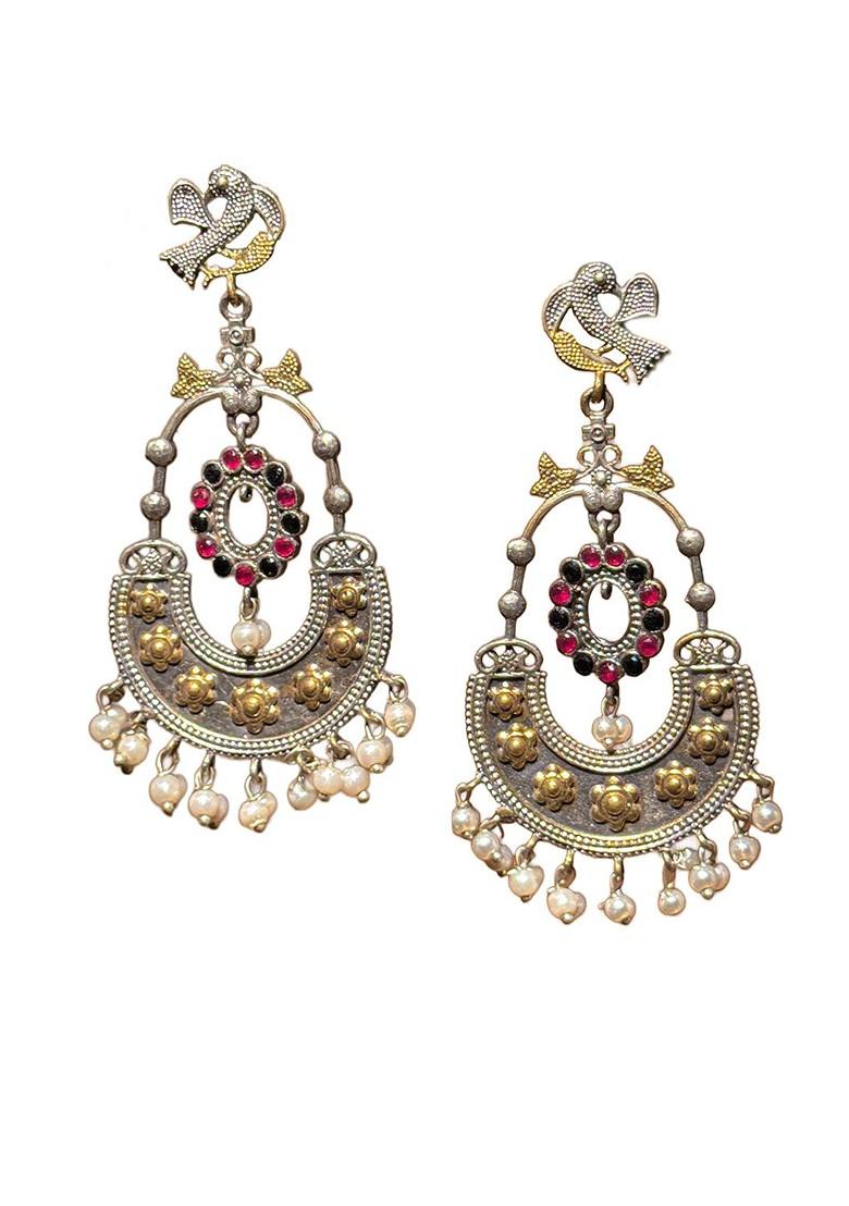 Silver Plated Oxidised Stones Studded And Beaded Contemporary Drop Earrings