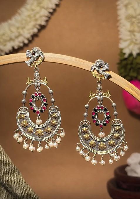 Silver Plated Oxidised Stones Studded And Beaded Contemporary Drop Earrings