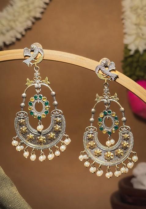 Silver Plated Oxidised Stones Studded Contemporary Drop Earrings