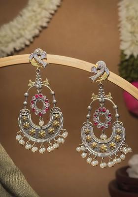 Silver Plated Artificial Stones Studded And Beads Beaded Oxidised Chandbalis
