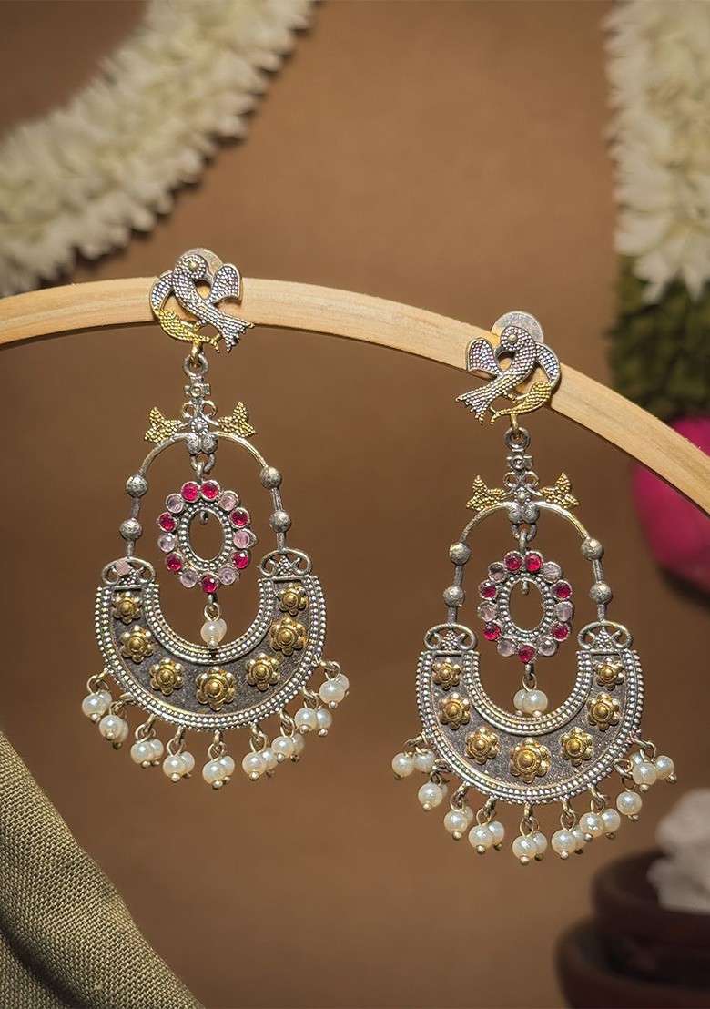 Silver Plated Artificial Stones Studded And Beads Beaded Oxidised Chandbalis - Indya