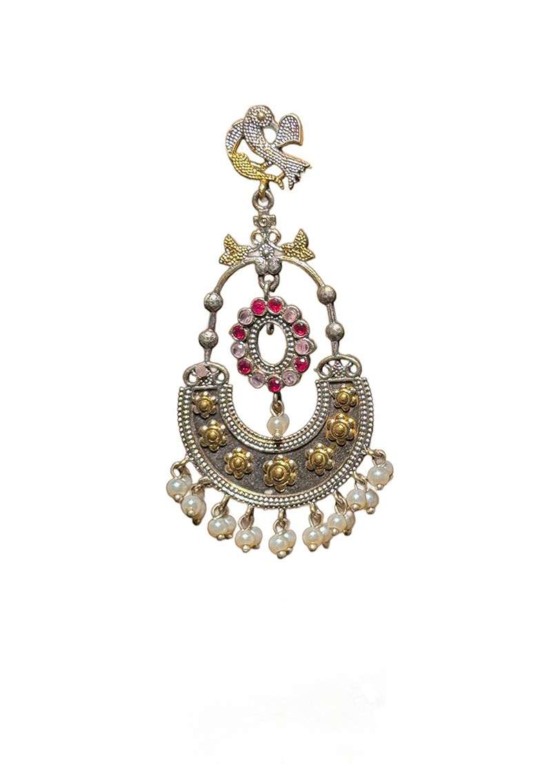 Silver Plated Artificial Stones Studded And Beads Beaded Oxidised Chandbalis - Indya