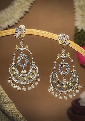 Silver Plated Oxidised Stones Studded And Beaded Contemporary Drop Earrings