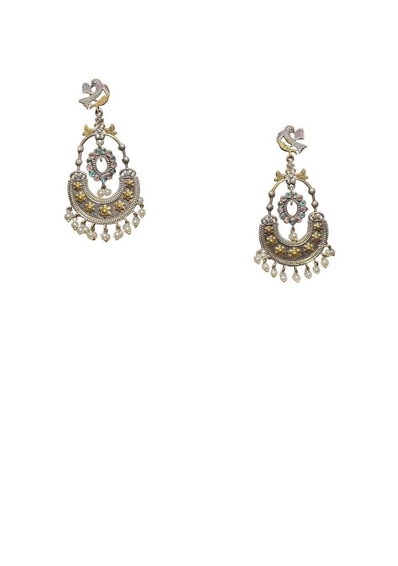 Silver Plated Oxidised Stones Studded And Beaded Contemporary Drop Earrings