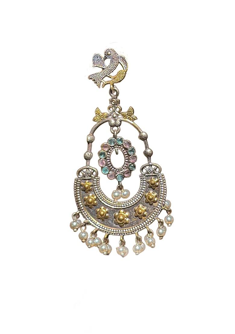 Silver Plated Oxidised Stones Studded And Beaded Contemporary Drop Earrings