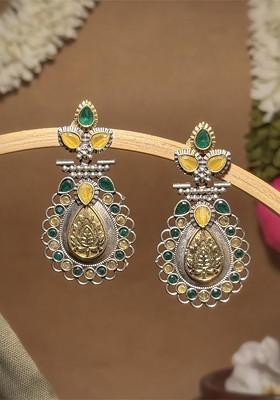 Silver Plated Artificial Stones Studded Teardrop Shaped Oxidised Drop Earrings