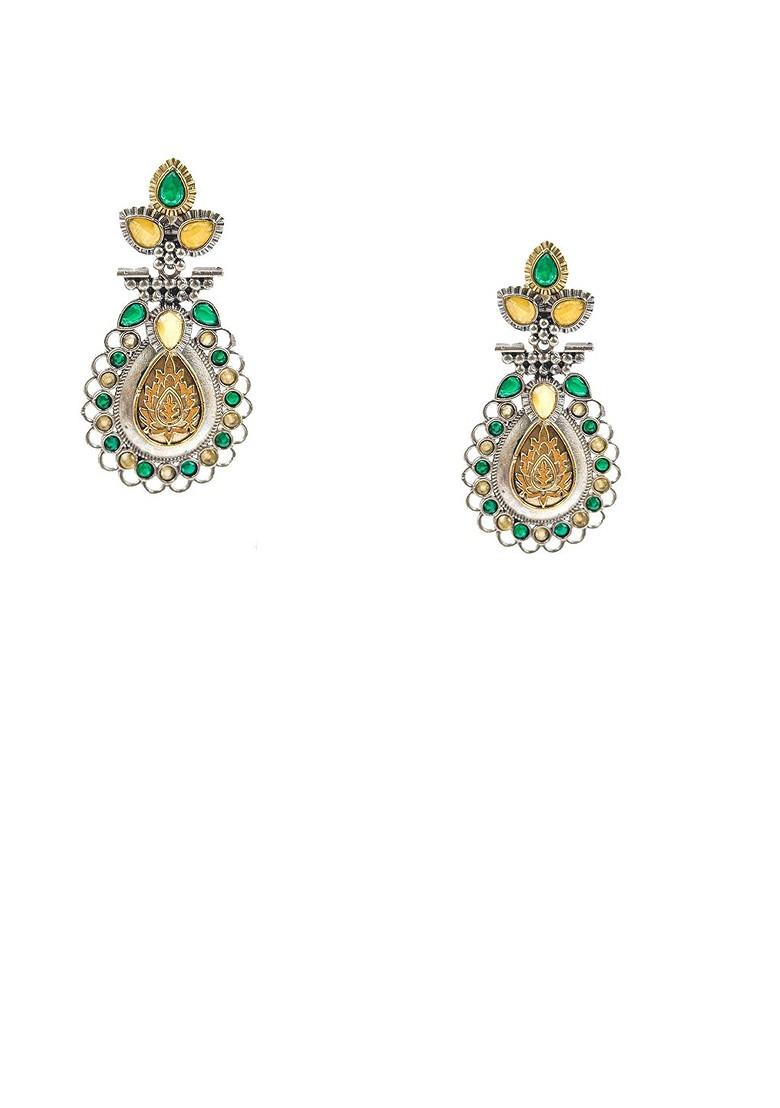 Silver Plated Artificial Stones Studded Teardrop Shaped Oxidised Drop Earrings